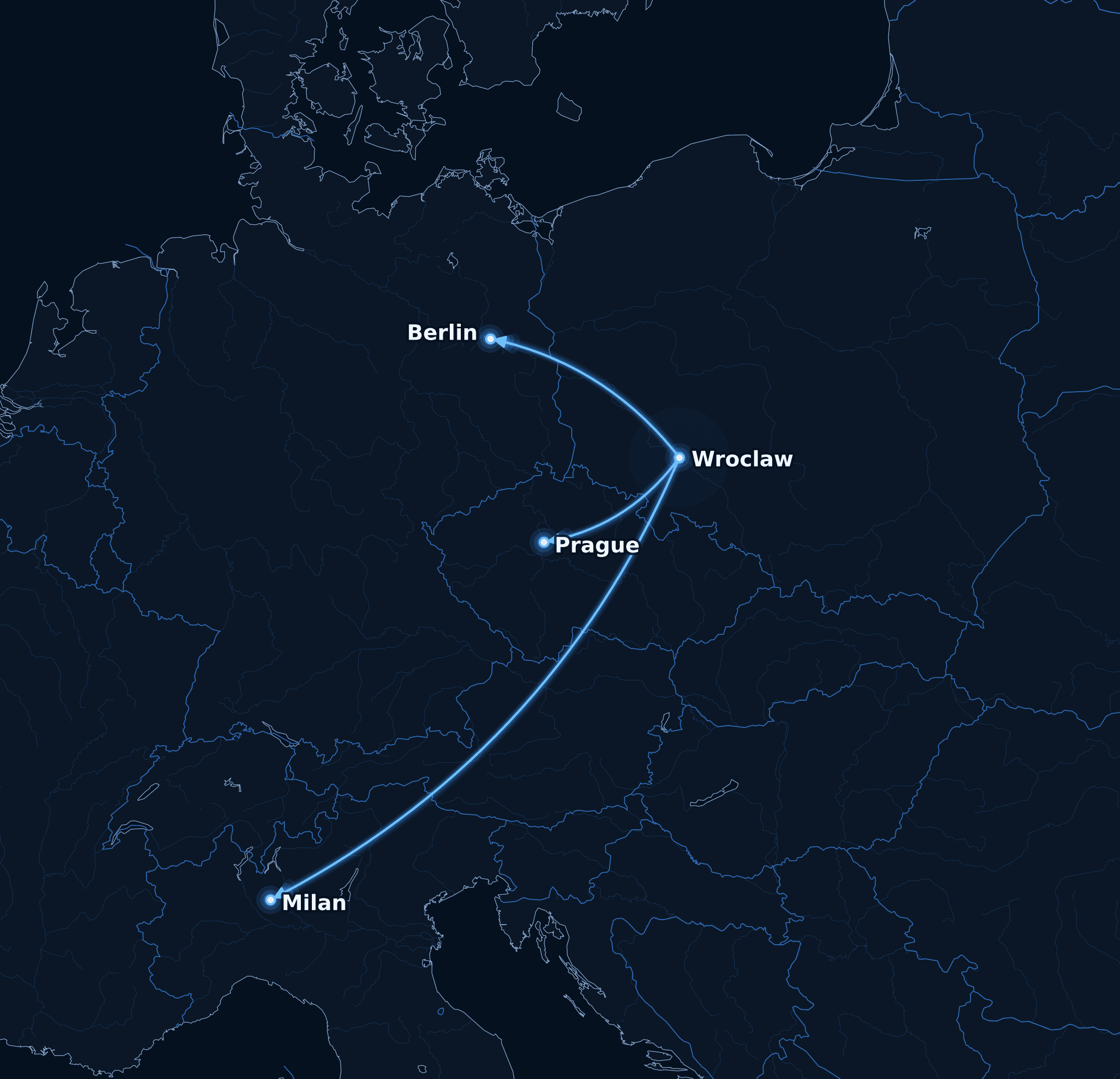 Europakarte mit Verbindungen nach Wrocław